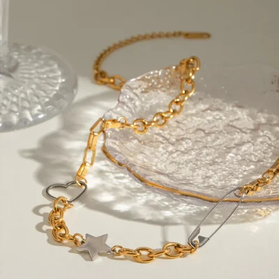 Stainless Steel Star Heart Necklace - Gold