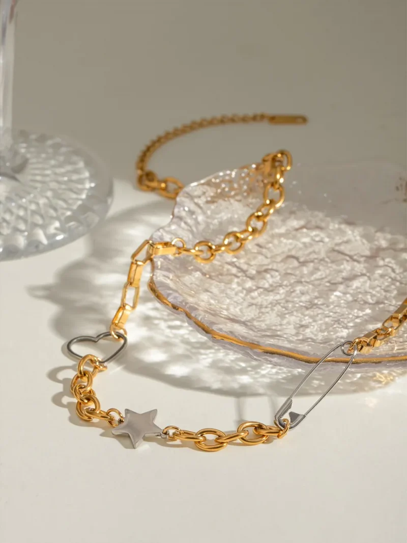Stainless Steel Star Heart Necklace - Gold