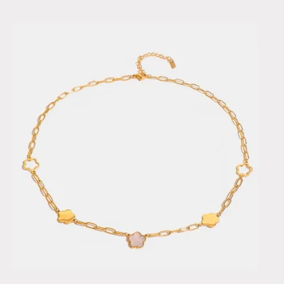 Stainless Steel White Mother-Of-Pearl Flower Necklace - Gold