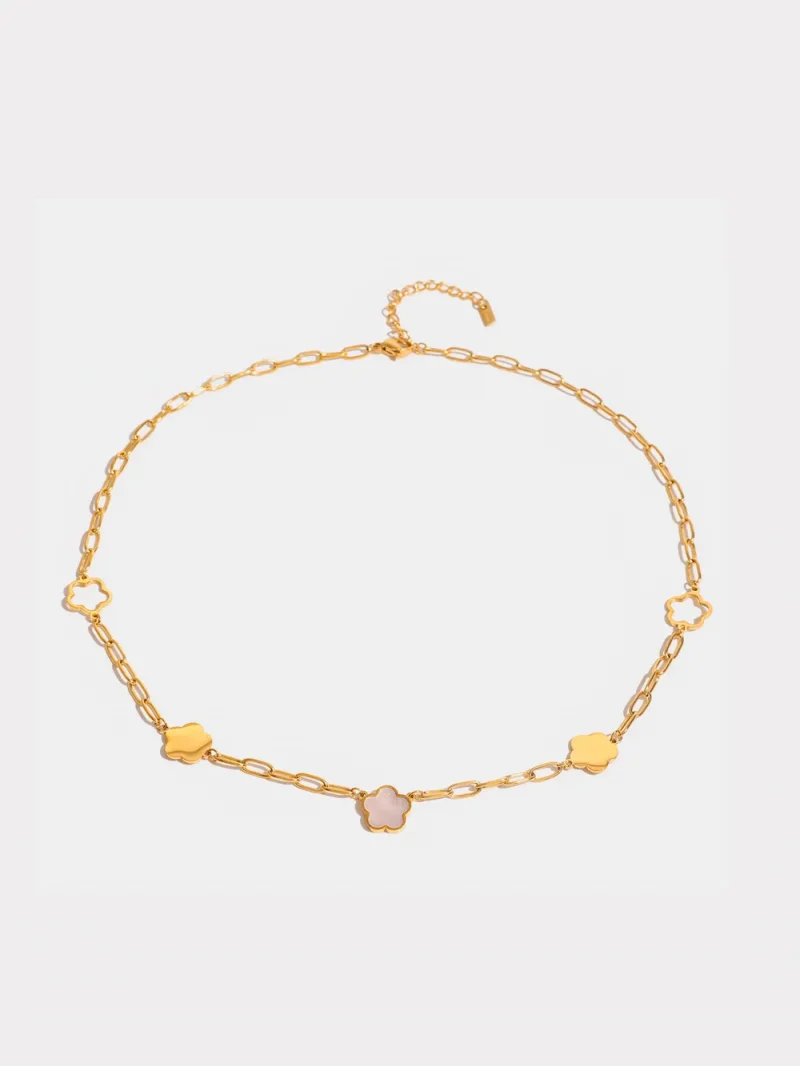 Stainless Steel White Mother-Of-Pearl Flower Necklace - Gold
