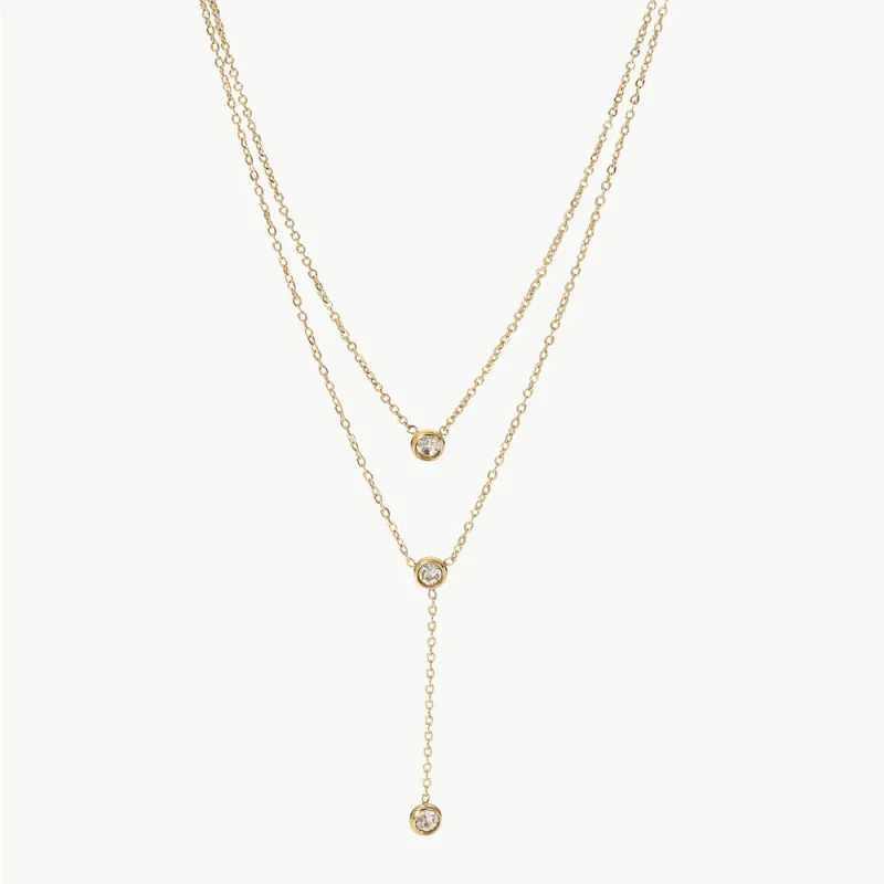 Stainless Steel Zircon Double-Layered Necklace - Gold