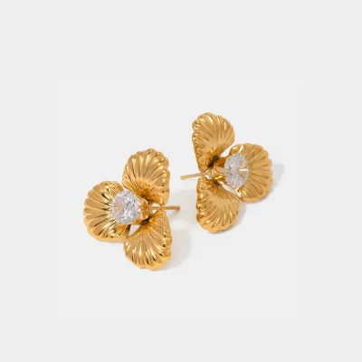 Stainless Steel Zircon Flower Shape Earrings - Gold