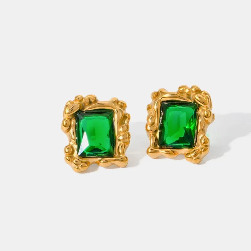 Stainless Steel Zircon Geometric Earrings - Gold