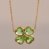 Stainless Steel Zircon Lucky Clover Pendant Necklace - Green