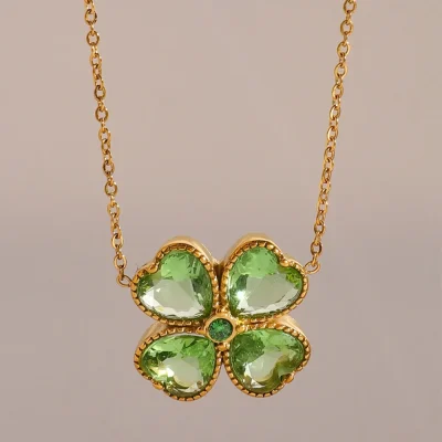 Stainless Steel Zircon Lucky Clover Pendant Necklace - Green