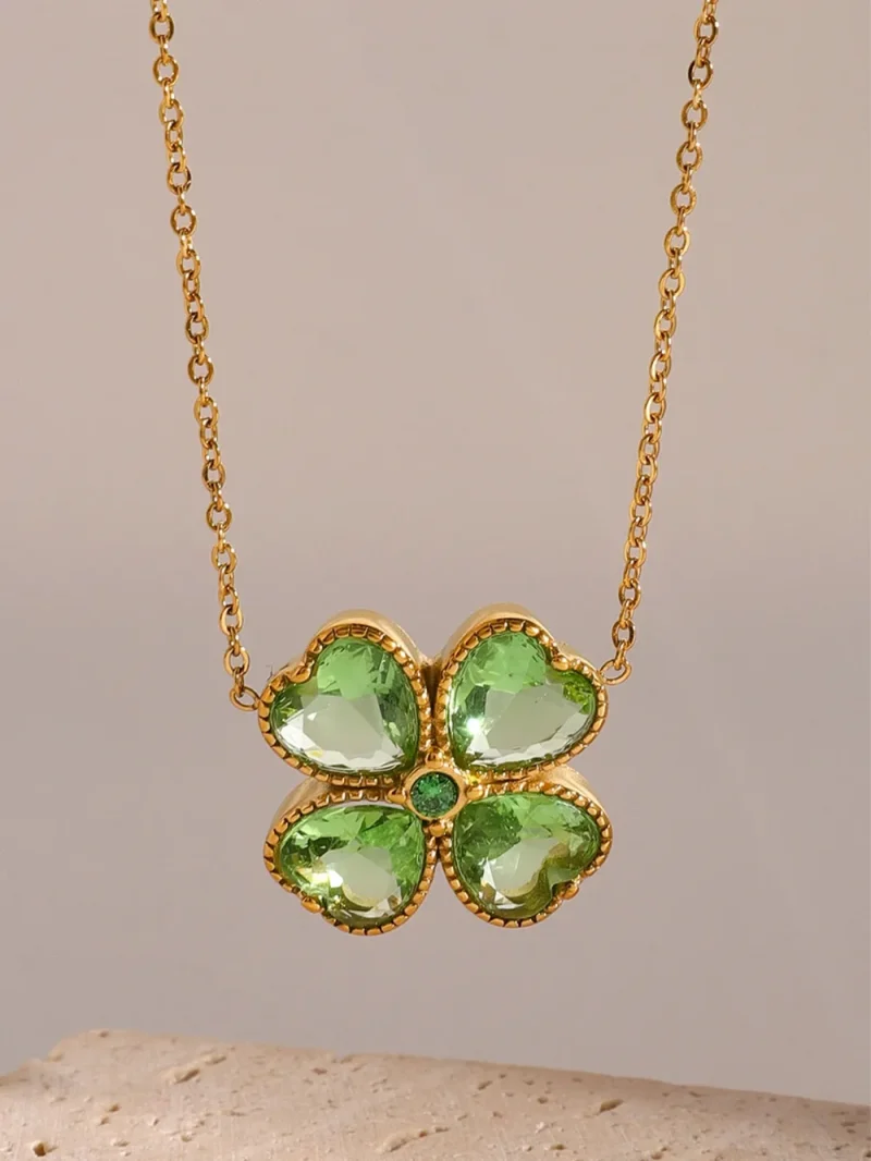 Stainless Steel Zircon Lucky Clover Pendant Necklace - Green