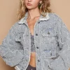 Star Textured Raw Hem Long Sleeve Denim Jacket - Light