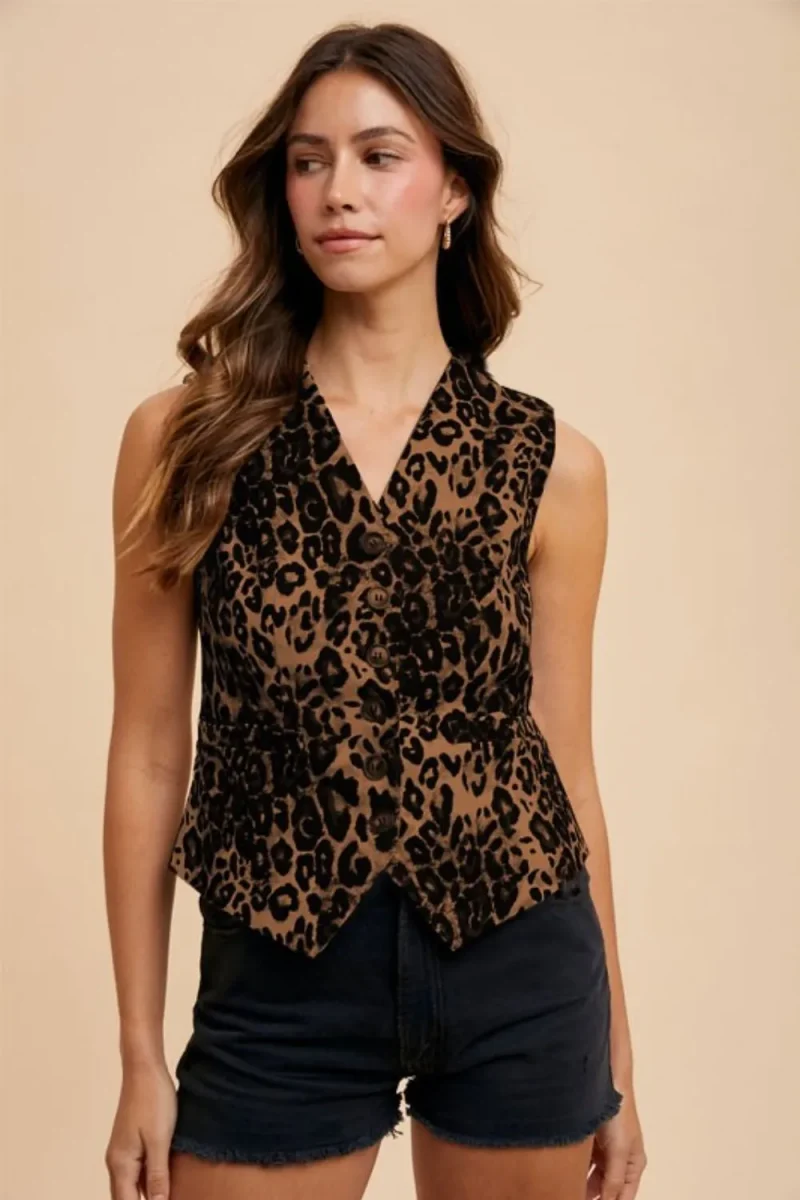 Stretch Leopard Denim Button Down Vest - Mocha