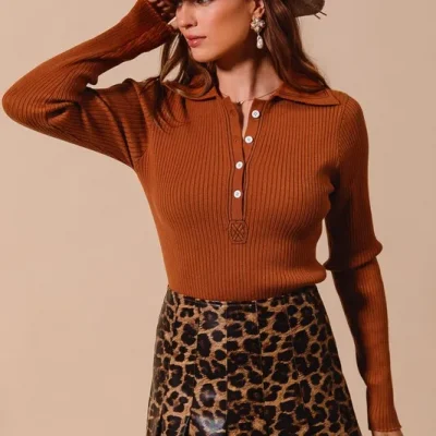 Stretchy Everyday Rib Knit Top - Rust