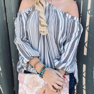 Stripe Printed Cold Shoulder Halter Neck Top - Off White Stripe