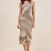 Stripe Sleeveless Sweater Knit Maxi Dress With Ruffled Hem - Oatmeal/Black