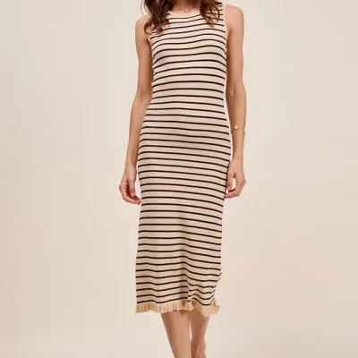Stripe Sleeveless Sweater Knit Maxi Dress With Ruffled Hem - Oatmeal/Black