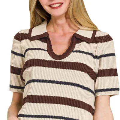 Striped Collared Short Sleeve Cropped Sweater - Brown