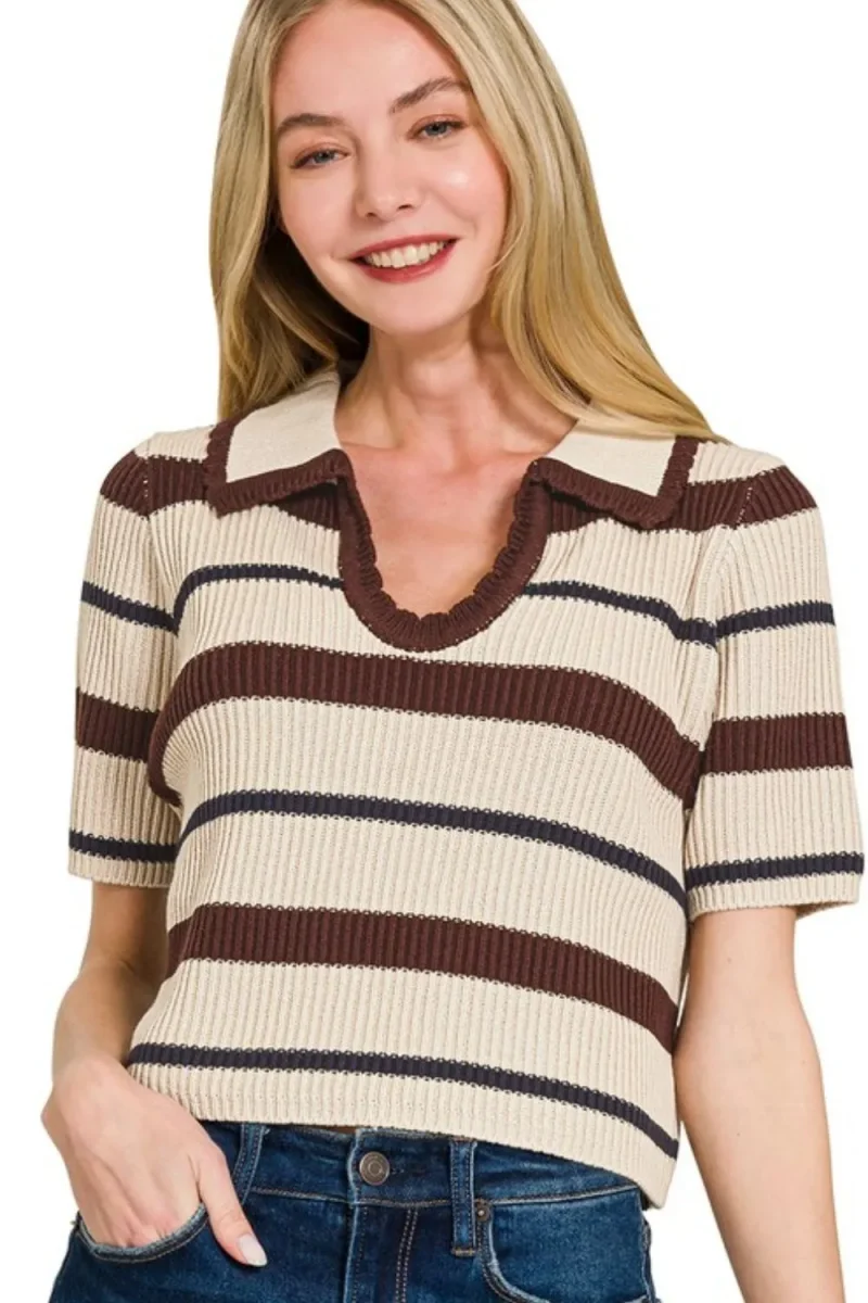 Striped Collared Short Sleeve Cropped Sweater - Brown