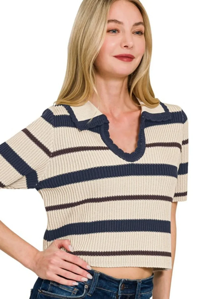 Striped Collared Short Sleeve Cropped Sweater - Navy
