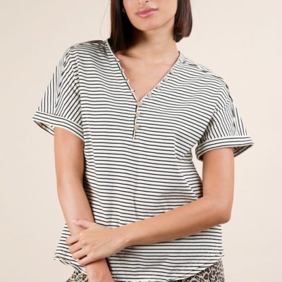 Striped V-Neck Short Sleeve T-Shirt - Black