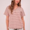 Striped V-Neck Short Sleeve T-Shirt - Red