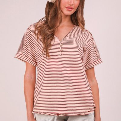Striped V-Neck Short Sleeve T-Shirt - Red