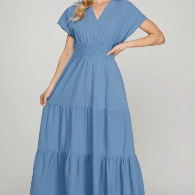 Surplice Short Sleeve Tiered Maxi Dress With Pockets - Cerulean