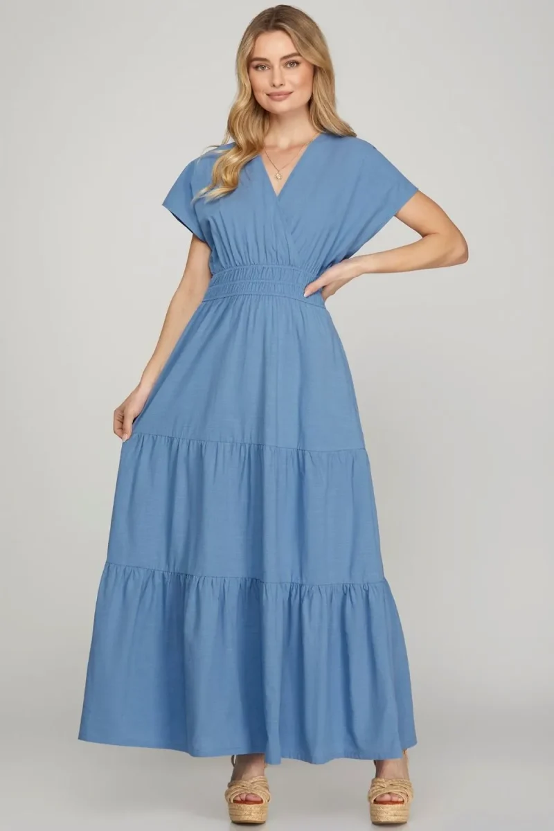 Surplice Short Sleeve Tiered Maxi Dress With Pockets - Cerulean