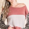 Sweater Knit Color Block Top With Leopard - Rust