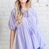 Textured Pintuck Blouse Top with Tassels - Lavender