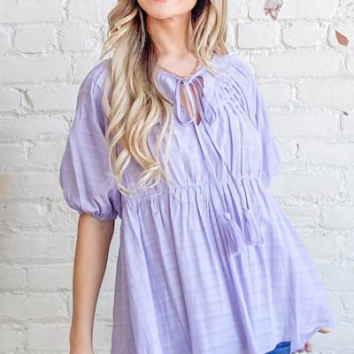 Textured Pintuck Blouse Top with Tassels - Lavender