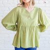 Textured V Neck Blouse Top - Lt.Green