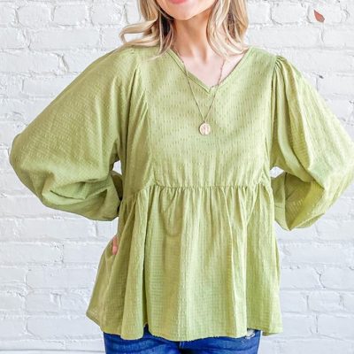 Textured V Neck Blouse Top - Lt.Green