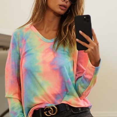 Tie Dye French Terry Long Sleeve Knit Top - Pastel Tiedye