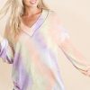 Tie Dye French Terry V-Neck Top with Puff Sleeves - Lavender Multi