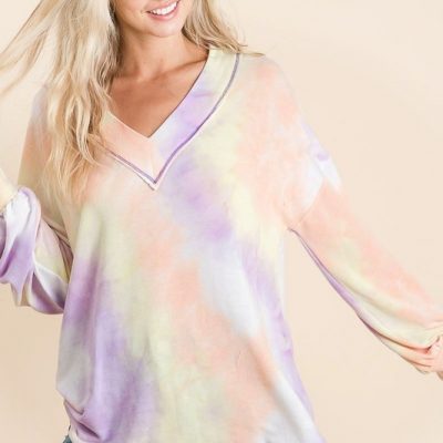 Tie Dye French Terry V-Neck Top with Puff Sleeves - Lavender Multi