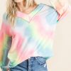Tie Dye French Terry V-Neck Top with Puff Sleeves - Pink Multi