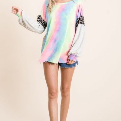 Tie Dye Terry Top with Contrast Puff Sleeves - Pastel Tie Dye