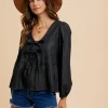 Tie Front Peplum Long Sleeve Denim Top - Black