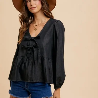 Tie Front Peplum Long Sleeve Denim Top - Black