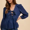 Tie Front Peplum Long Sleeve Denim Top - Navy
