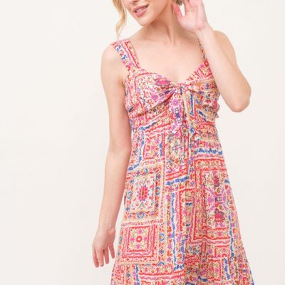 Tied Front Smocked Back Tiered Boho Printed Dress - Red Multi