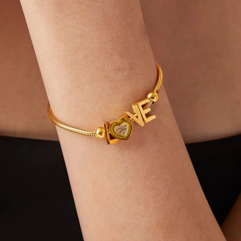 Titanium Steel Rhinestone Letter Bracelet - Gold