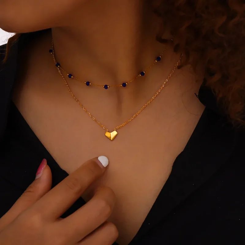 Titanium Steel Section Crystal Double-Layered Necklace - Gold