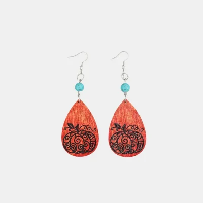 Turquoise Wooden Pumpkin Teardrop Earrings - Silver