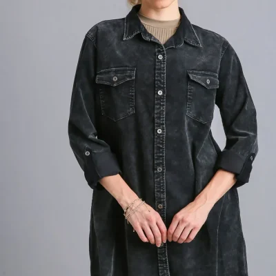 Umgee Raw Hem Button Down Denim Jacket With Chest Pockets - Black