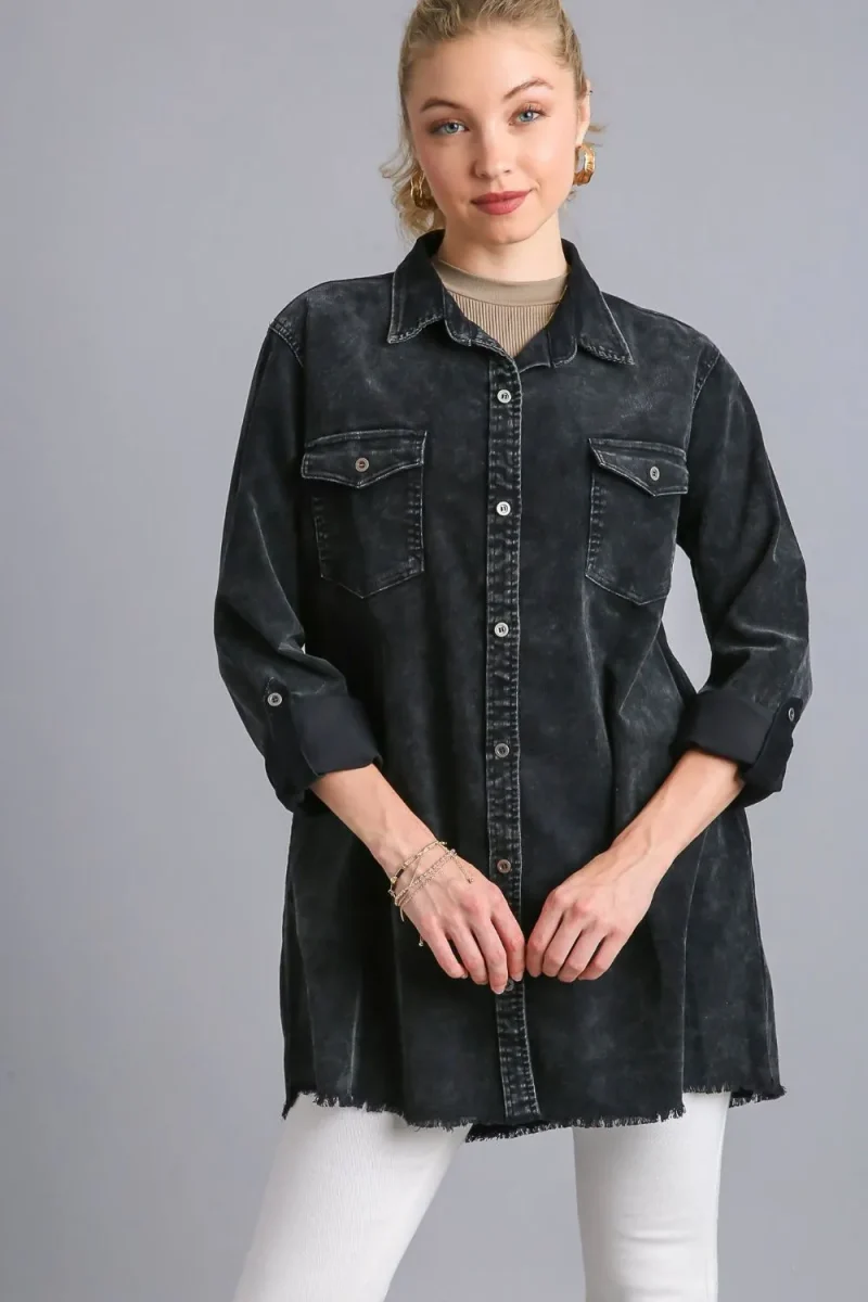 Umgee Raw Hem Button Down Denim Jacket With Chest Pockets - Black