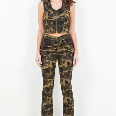 V-Cut Ruched Camo Flare Pants - Olive Camo