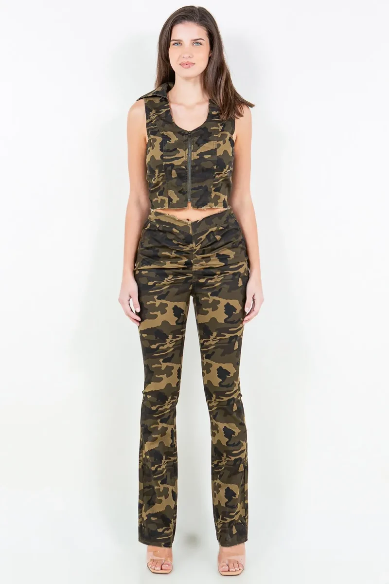 V-Cut Ruched Camo Flare Pants - Olive Camo