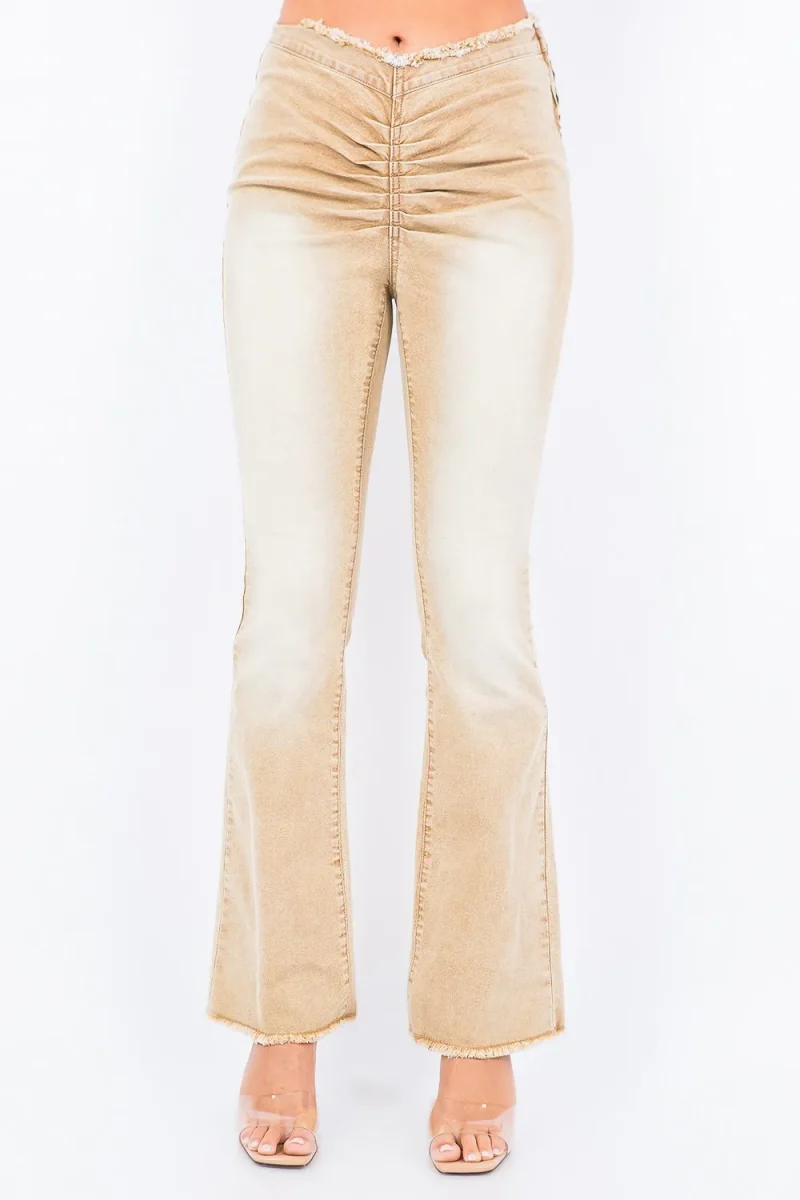 V-Cut Ruched Flare Pants - Tan