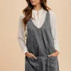 V-Neck Adjustable Strap Denim Overall Dress With Pockets - Charcoal