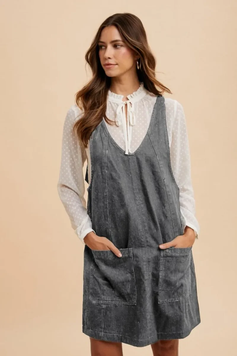V-Neck Adjustable Strap Denim Overall Dress With Pockets - Charcoal
