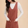 V-Neck Adjustable Strap Denim Overall Dress With Pockets - Rust