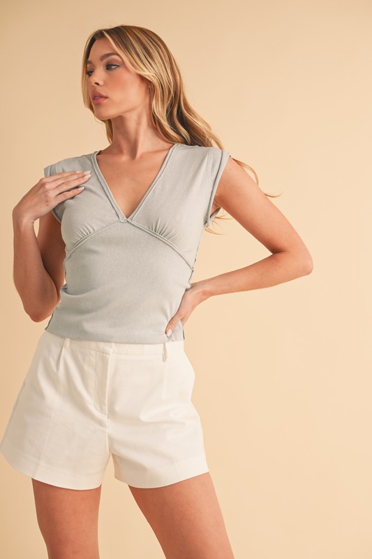 V-Neck-Cap-Sleeve-Cropped-Top-Light-Wash-Blue V-Neck Cap Sleeve Cropped Top - Light Wash Blue